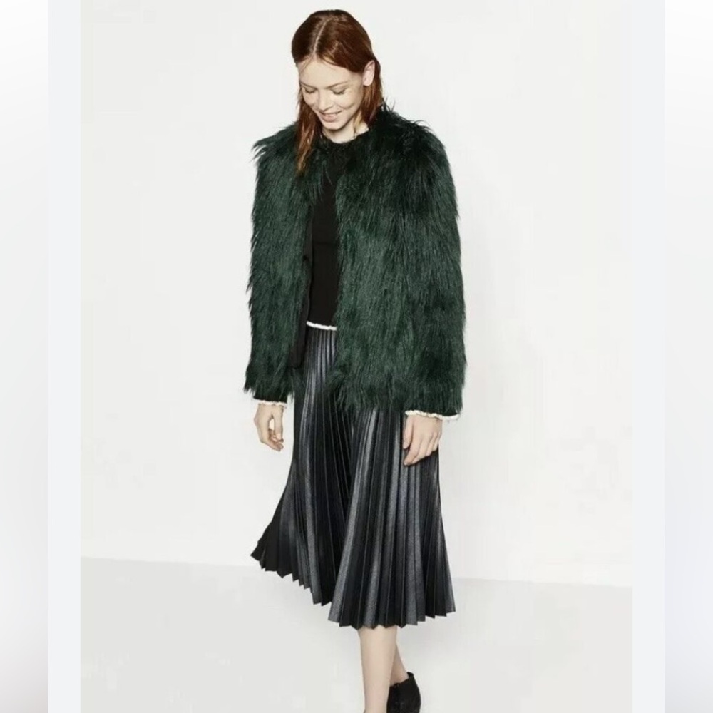 Zara Midi Dark Green Shiny Pleated Skirt